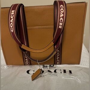 Coach Tan Leather Tote with Burgundy Straps
